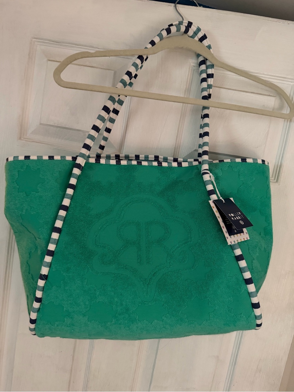Roller Rabbit Emerald Green Tote with Striped Handles